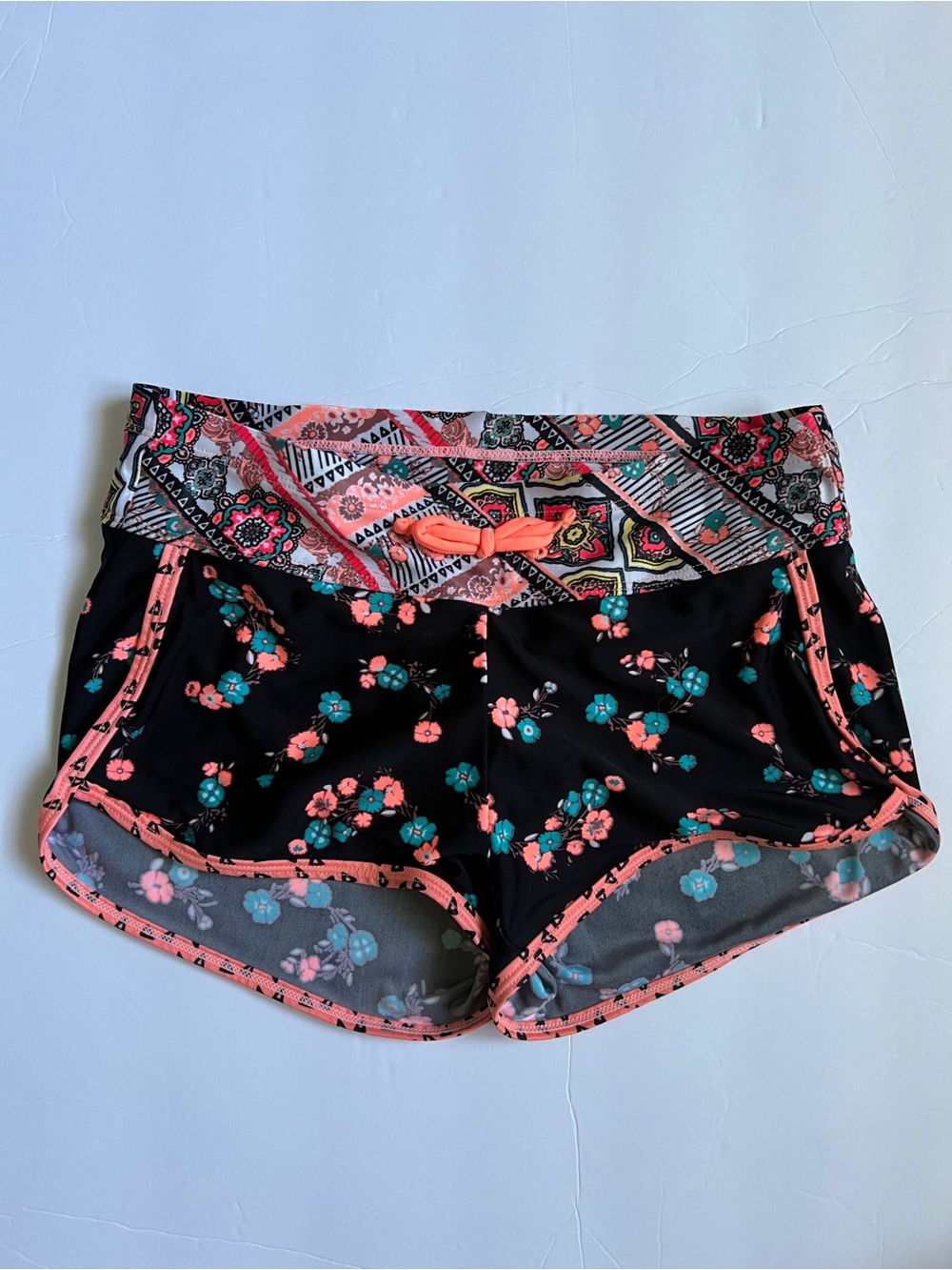 Girl’s Black Floral Contrast Waist Swim Shorts